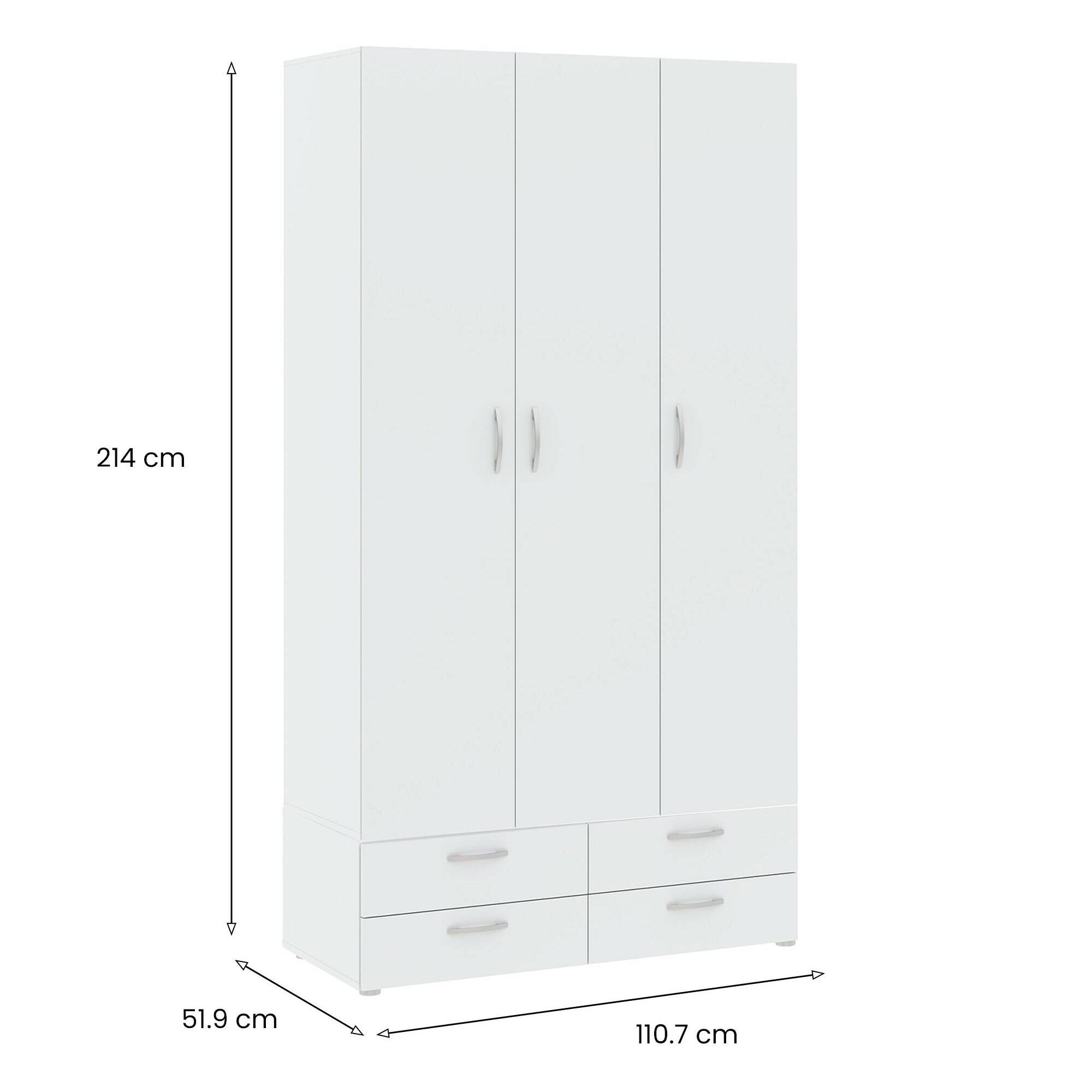 Guardaroba 3 ante Randazzo, Mobile camera da letto, Cabina armadio portabiti, Armadio appendiabiti, 111x52 h214 cm, Bianco