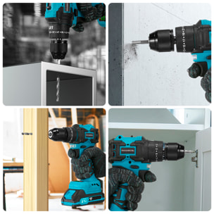 Trapano elettrico senza filo da 21V con motore senza spazzole e doppia velocità, valigetta per il trasporto con 24 accessori e doppia batteria da 10000 mAh.