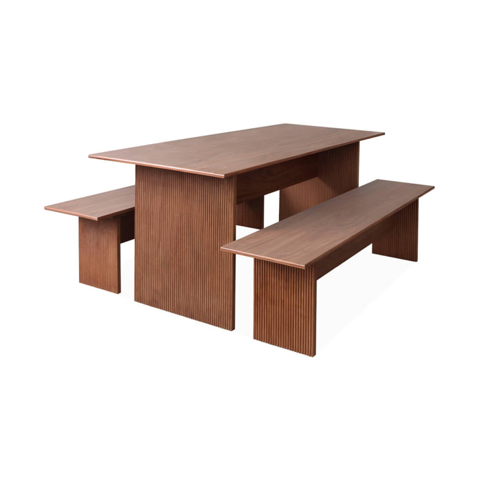 Ensemble table à manger rectangulaire 4 places et 2 bancs effet bois sculpté