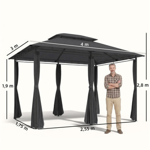 Cenador para Jardín 3x4 m, Pabellón de Jardín, Gazebo con Doble Techo, 6 Paredes Laterales, Estructura Metálica, Drenaje, Carpa para Exterior, Terraza, Patio, Gris