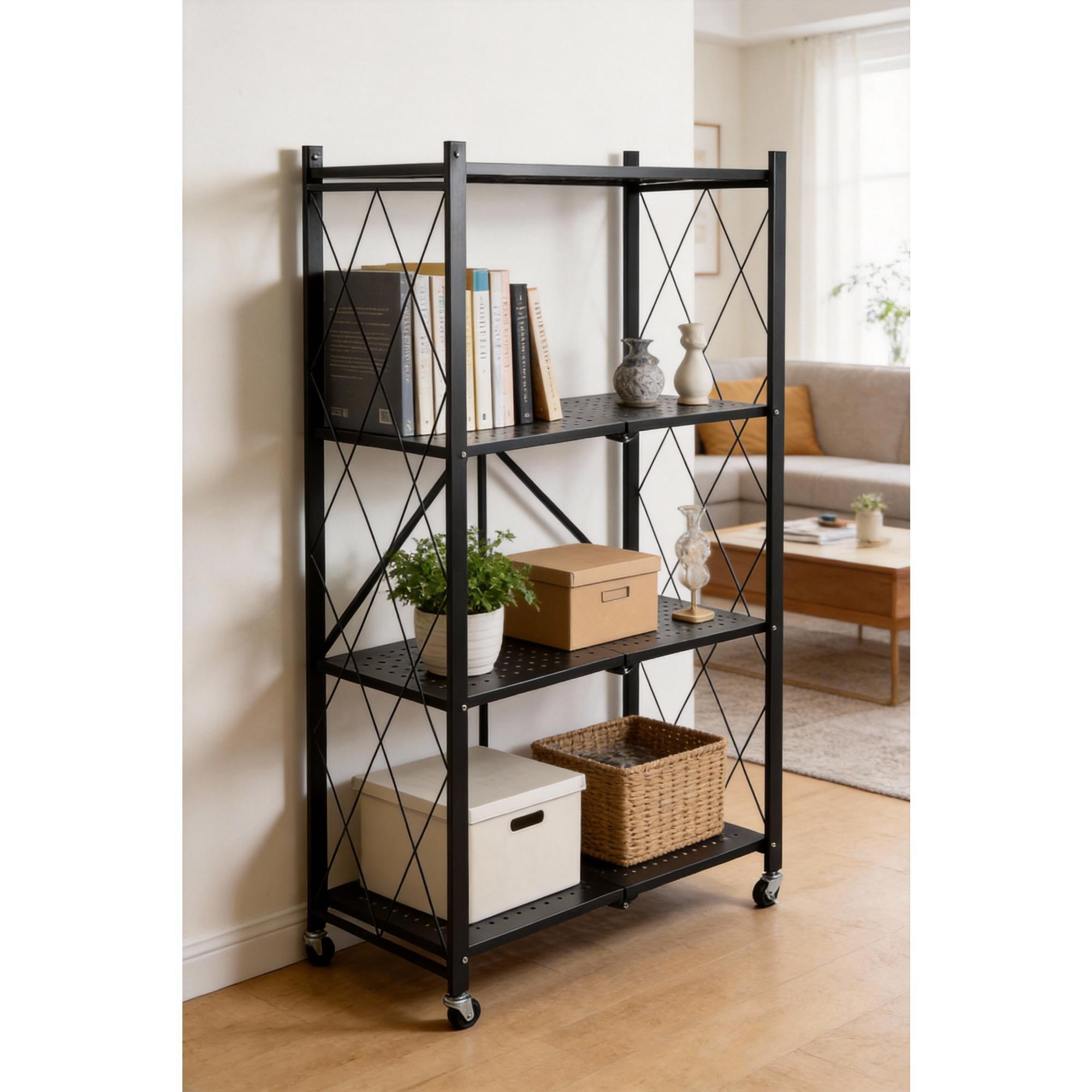 Estantería de Almacenamiento PLEGABLE de 4 Estantes con ruedas, SIN montaje - 71x34x125cm color Negro