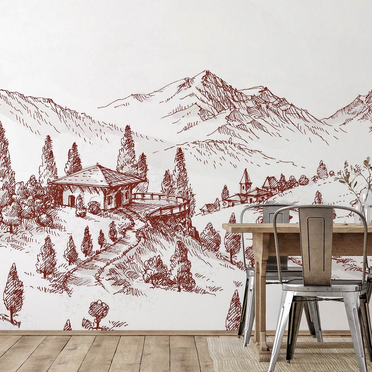 Papier peint dessin de montagnes Intissé