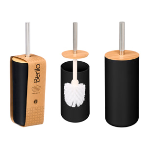 Porta spazzolino nero in plastica con coperchio in bambù. Include spazzolino.