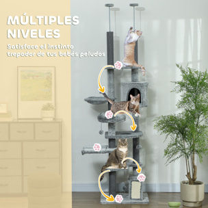 Árbol para Gatos de Suelo a Techo de 225-255 cm Árbol Rascador para Gatos con Altura Ajustable Plataformas Cueva Cama Hamaca Rampa Bolas Juguetes Gris