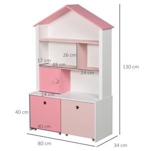 Estantería de Madera Infantil con 4 Compartimentos 1 Puerta 2 Cajones con Ruedas