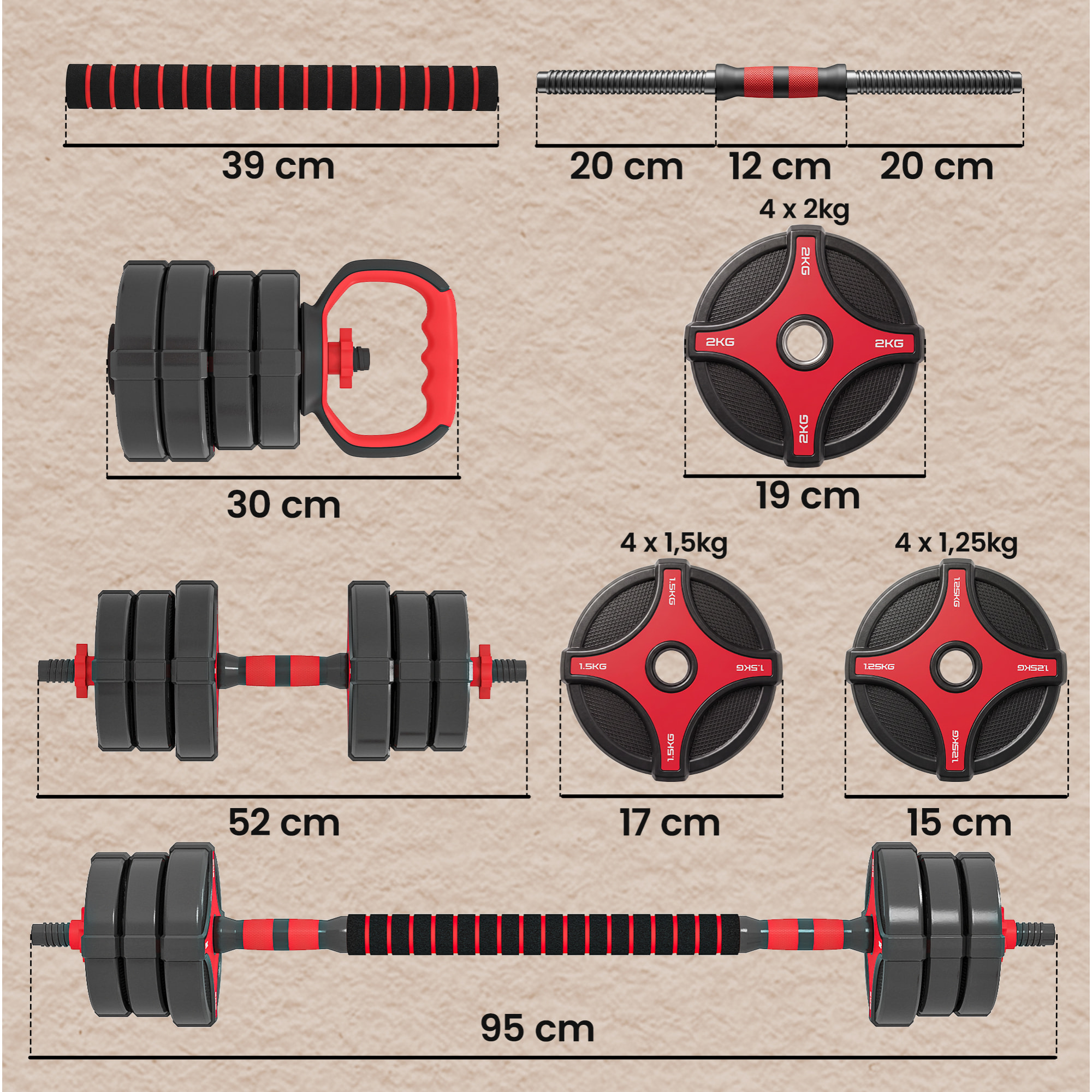 Juego de Mancuernas Ajustables 5 en 1 20kg, Juego de Pesas como Kettlebell, Barra, Mancuernas o Soporte para Flexiones, Equipo de Fitness para Hombres y Mujeres, Casa Gimnasio, Negro y Rojo