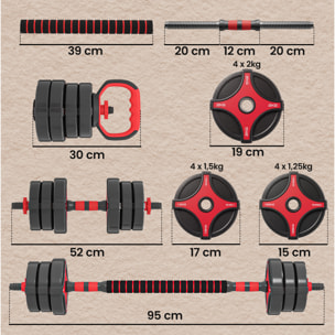 Juego de Mancuernas Ajustables 5 en 1 20kg, Juego de Pesas como Kettlebell, Barra, Mancuernas o Soporte para Flexiones, Equipo de Fitness para Hombres y Mujeres, Casa Gimnasio, Negro y Rojo