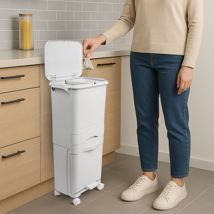 Papelera de reciclaje de clasificación selectiva con pedal, ruedas y asa de triple compartimento de 42l (24l + 4l + 14l).