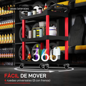 Carro de Taller Carro de Herramientas con 3 Estantes Ruedas y Asas para Garaje Mecánico Hogar Carga 91 kg Rojo y Negro