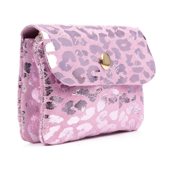 Alpignano portafoglio donna. Pelle vera Scamosciata, design animalier leopardato, laccato brillante.