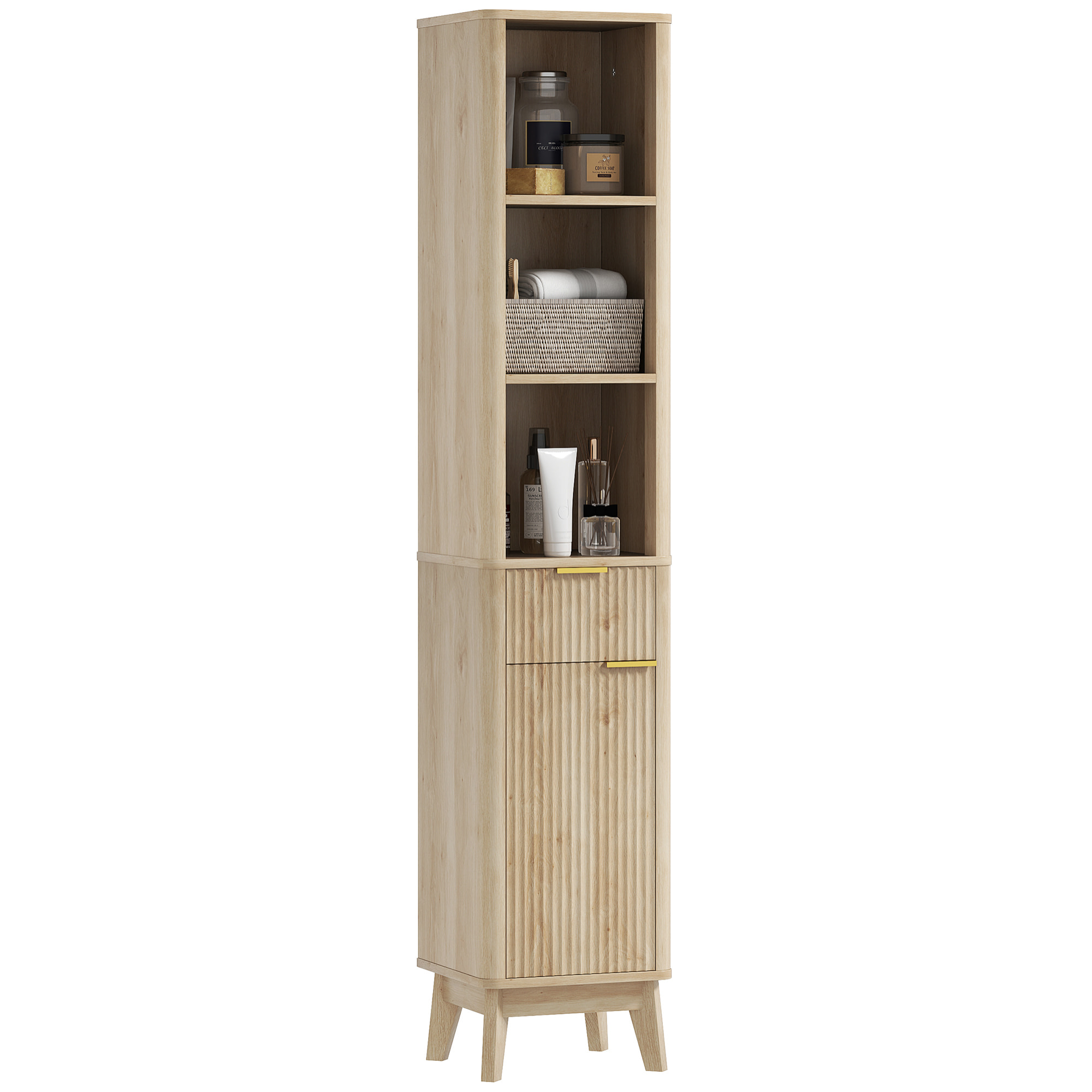 Columna de Baño Mueble de Baño Estrecho con Puerta de Acanalado Cajón 3 Compartimentos Abiertos y Estantes Ajustables Armario Alto de Baño Moderno 33x30x170 cm Natural