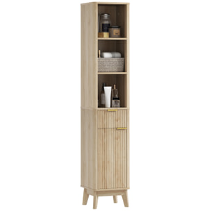 Columna de Baño Mueble de Baño Estrecho con Puerta de Acanalado Cajón 3 Compartimentos Abiertos y Estantes Ajustables Armario Alto de Baño Moderno 33x30x170 cm Natural