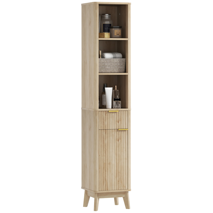 Columna de Baño Mueble de Baño Estrecho con Puerta de Acanalado Cajón 3 Compartimentos Abiertos y Estantes Ajustables Armario Alto de Baño Moderno 33x30x170 cm Natural