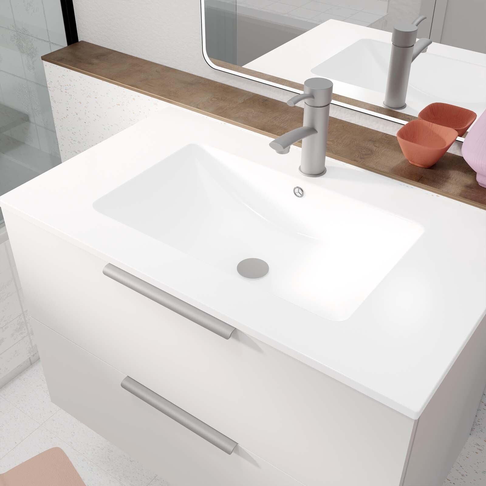 Meuble de Salle de Bains 60cm Suspendu Blanc 2 Tiroirs - Vasque Blanche - ELEMENTARY