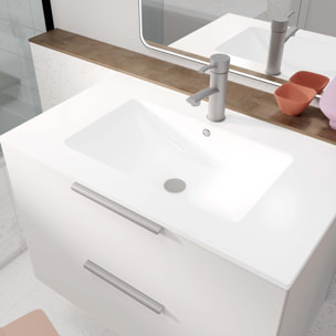 Meuble de Salle de Bains 60cm Suspendu Blanc 2 Tiroirs - Vasque Blanche - ELEMENTARY