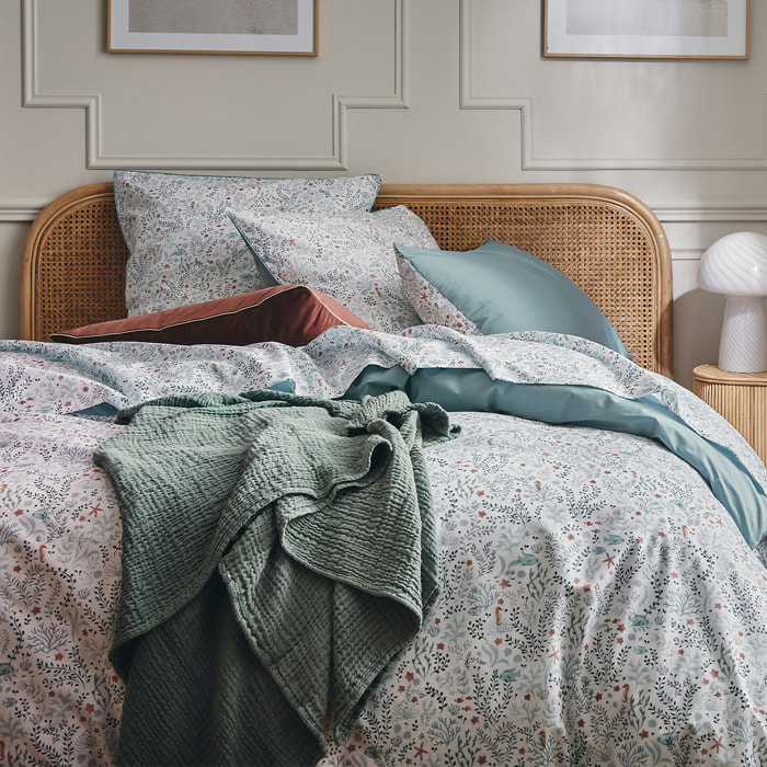 Parure de lit Housse de couette + taies rectangles unie en coton, SOUS L'OCÉAN, Bleu clair