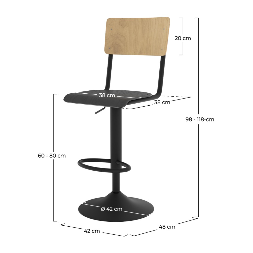 Lot de 2 chaises de bar réglables 60/80 cm en bois clair et noir - Clem