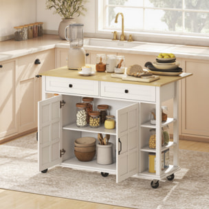 Isla de Cocina con Ruedas, Encimera Plegable, Carro de Cocina con 2 Puertas con Cierre Suave, 2 Cajones, 6 Estantes Abiertos, Blanco