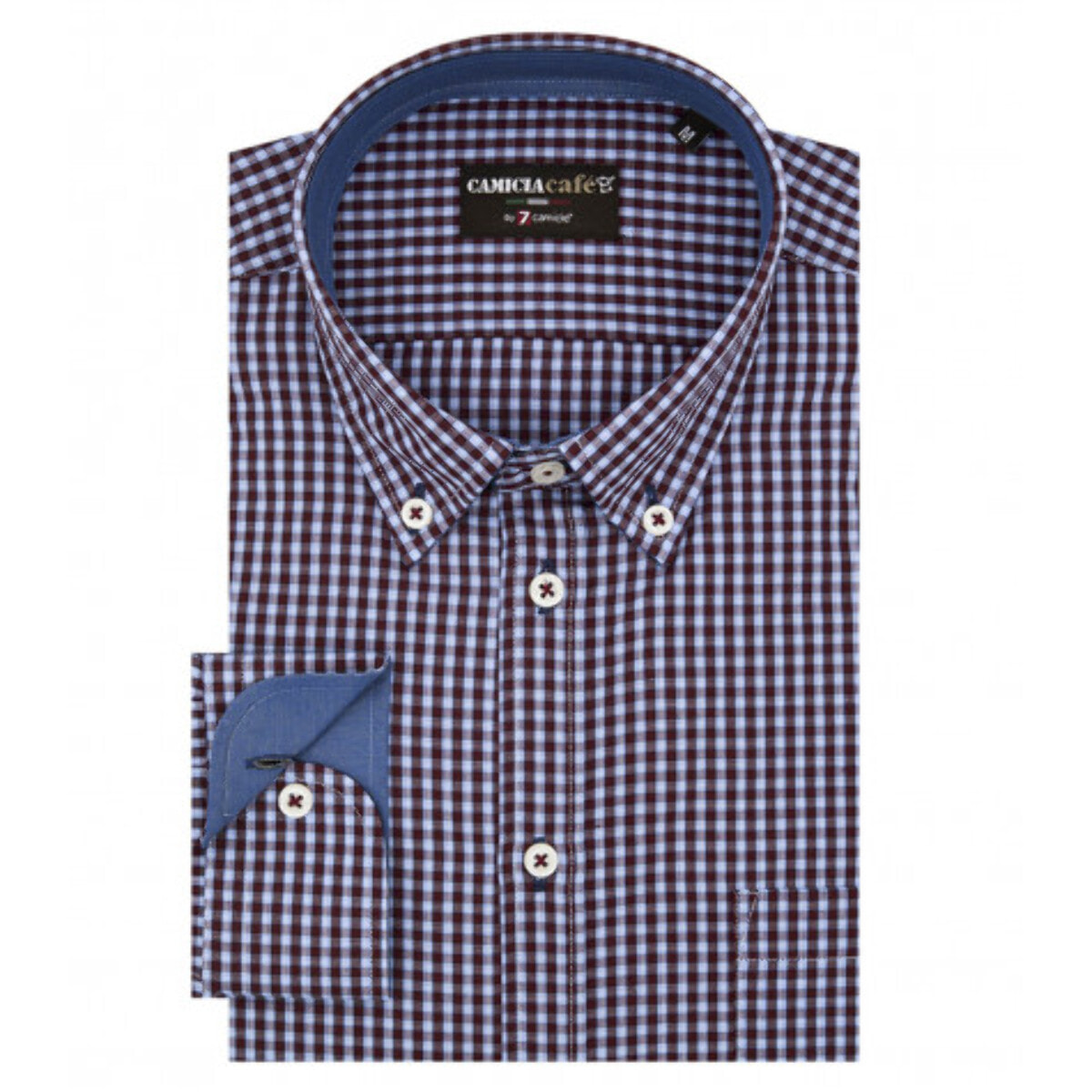 Camicia Uomo 1 Bottone Button Down Manica Corta Slim Cotone Poliestere Quadro Piccolo Celeste e Bordeaux