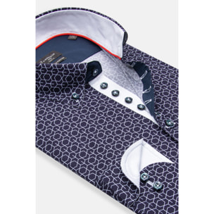 Camicia Uomo 1 Bottoni Button Down Slim Popeline Stretch Stampato Blu\Bianco