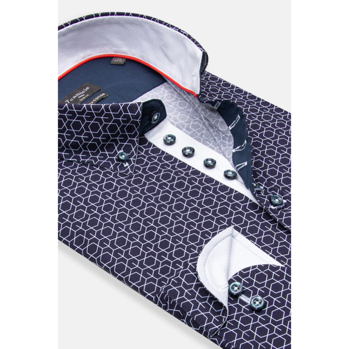 Camicia Uomo 1 Bottoni Button Down Slim Popeline Stretch Stampato Blu\Bianco