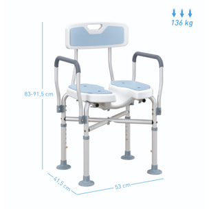Tabouret de douche avec siège rembourrée et accoudoirs, chaise de douche, tabouret de bain, hauteur réglable 83-91,5 cm, cadre en aluminium et pieds antidérapants, bleu