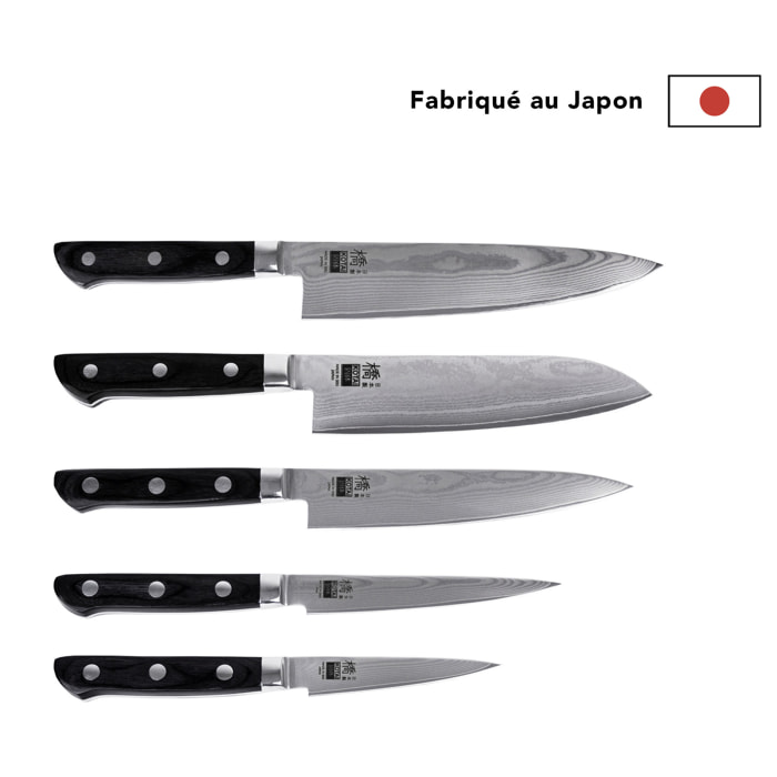 Le Set Complet : 5 couteaux (office 9cm + universel 12cm + petty 15cm + santoku 18cm + gyuto 21cm)