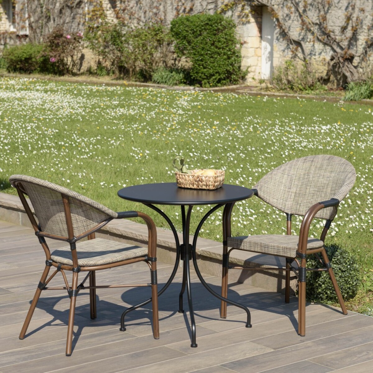 VIANNEY - Ensemble de jardin 2 pers. table diam 70cm, chaises grises