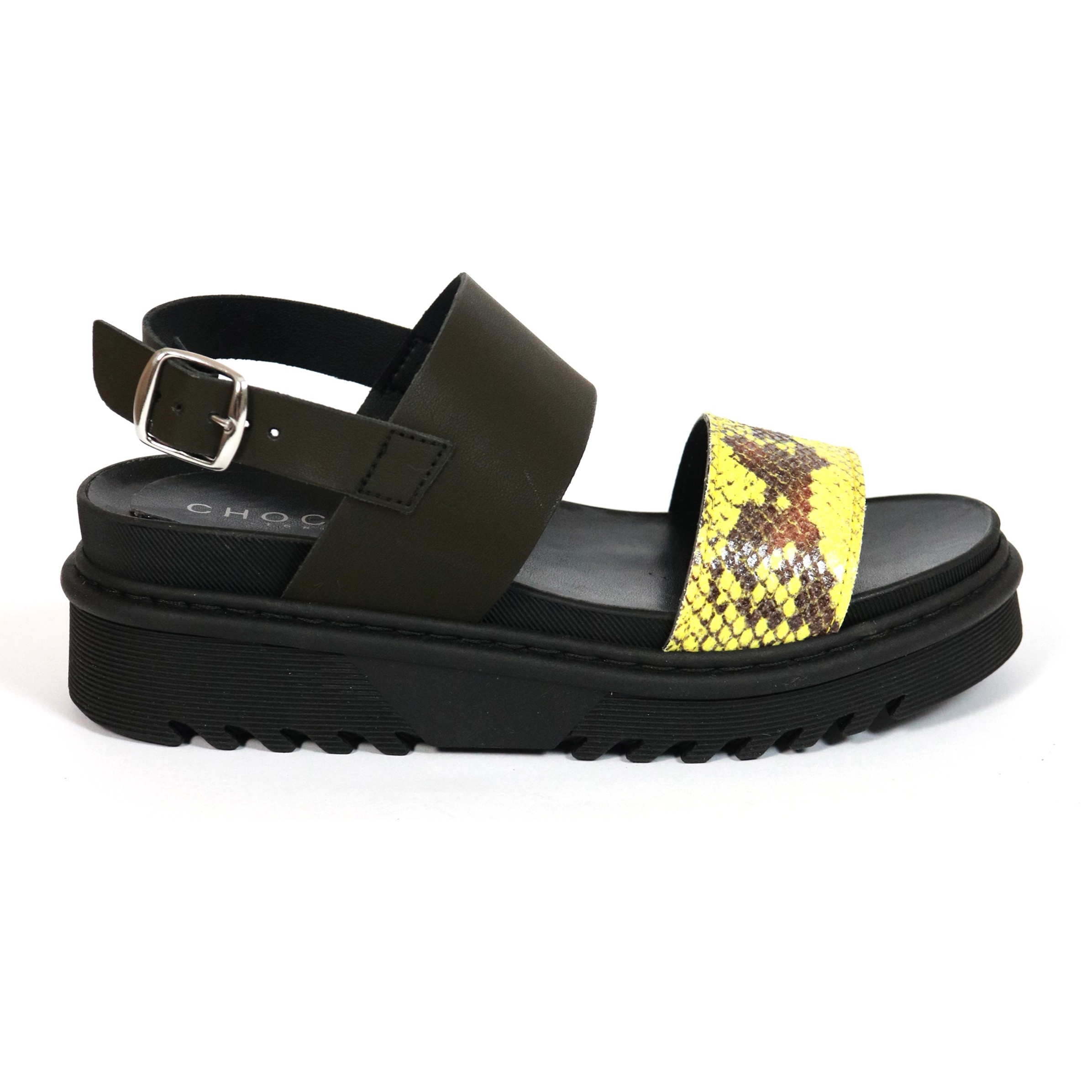 SANDALO FLATFORM DOPPIA FASCIA CHOCOLA' NERO E GIALLO