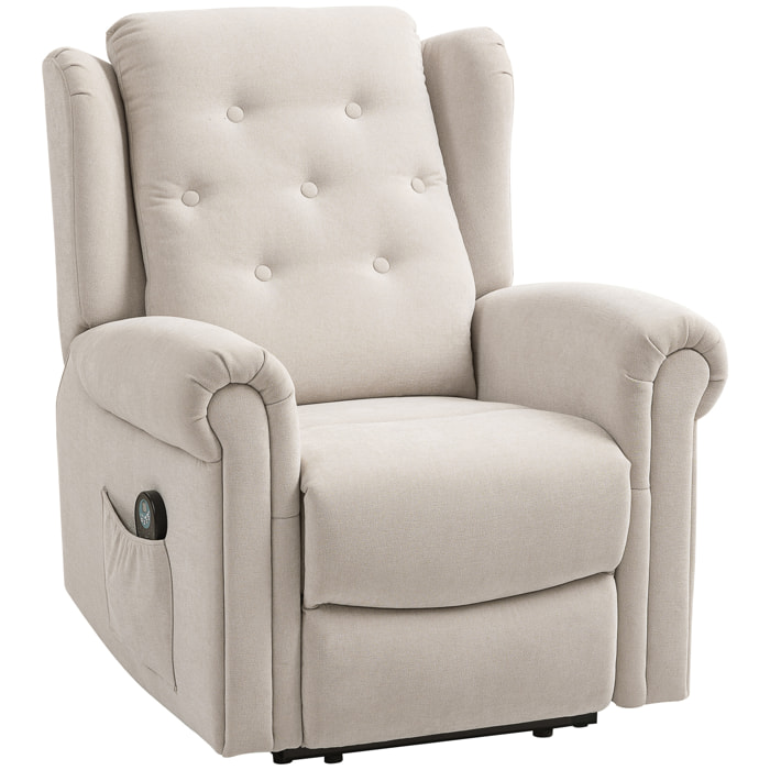 Fauteuil massant chauffant inclinable repose-pieds intégré poche rangement tissu toucher lin beige