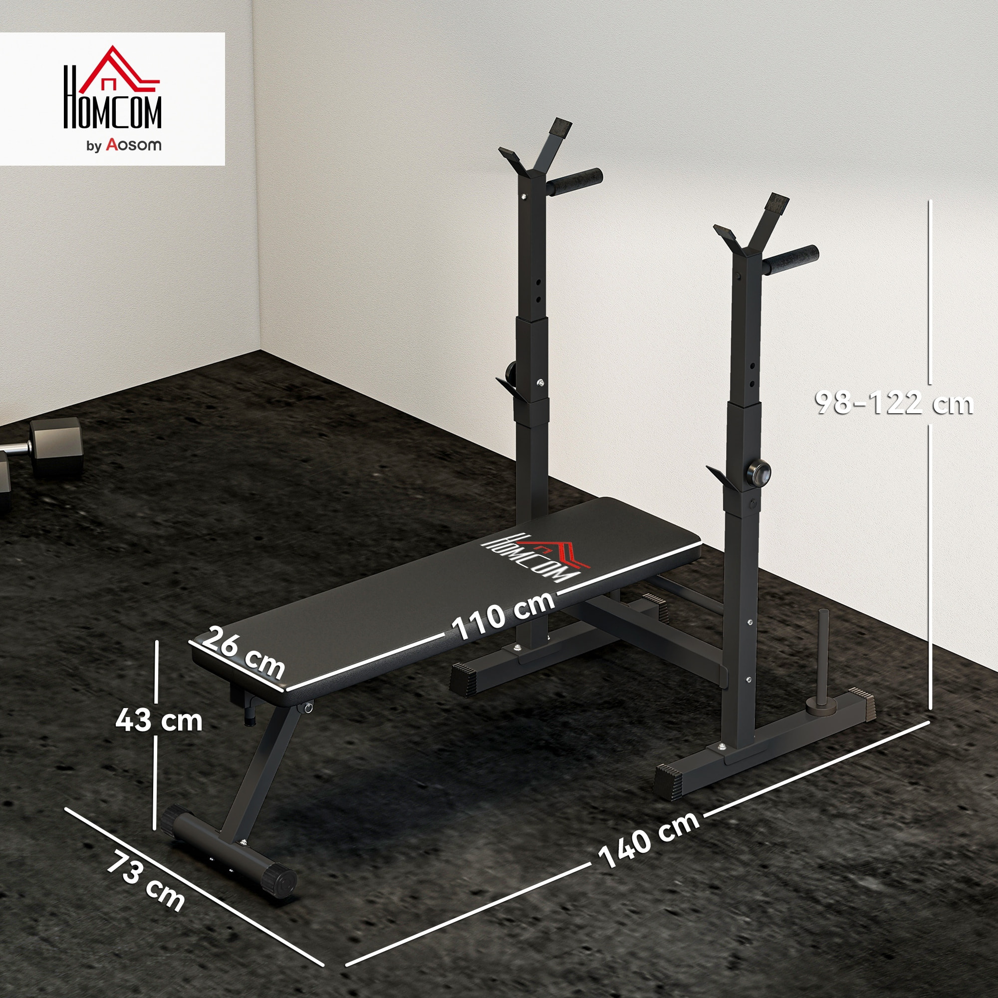 Banco de Musculación Multifuncional Plegable, Banco de Pesas, Press Banca con Soporte para Barras Ajustable y Estación de Dips, Carga 220 kg, para Entrenamiento Completo en Casa Gimnasio