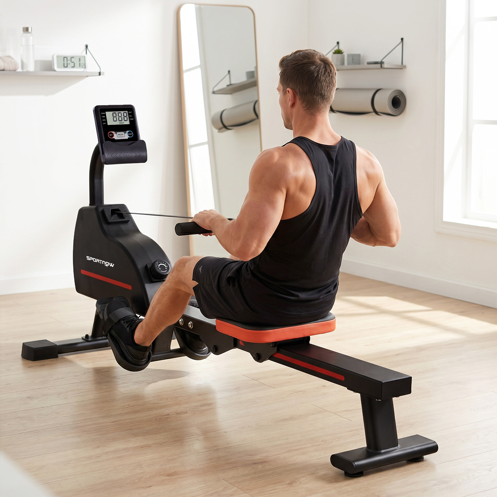 Rameur magnétique bluetooth connecté Kinomap & Zwift écran LCD noir rouge