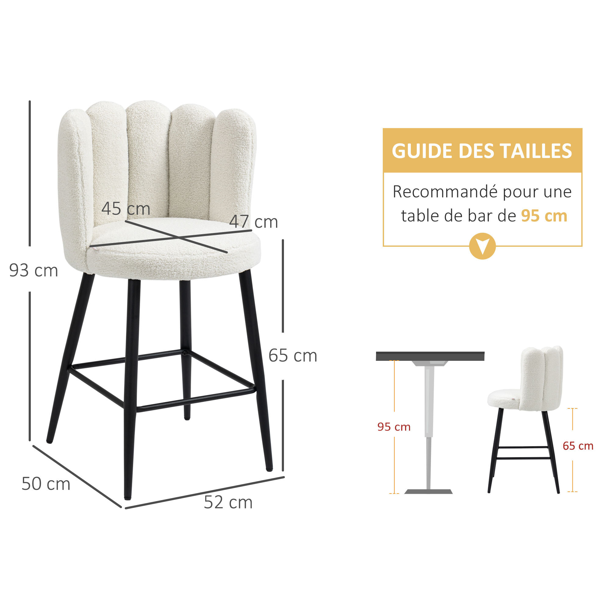 Lot de 2 tabourets de bar – Tissu bouclé – Dossier et repose-pieds