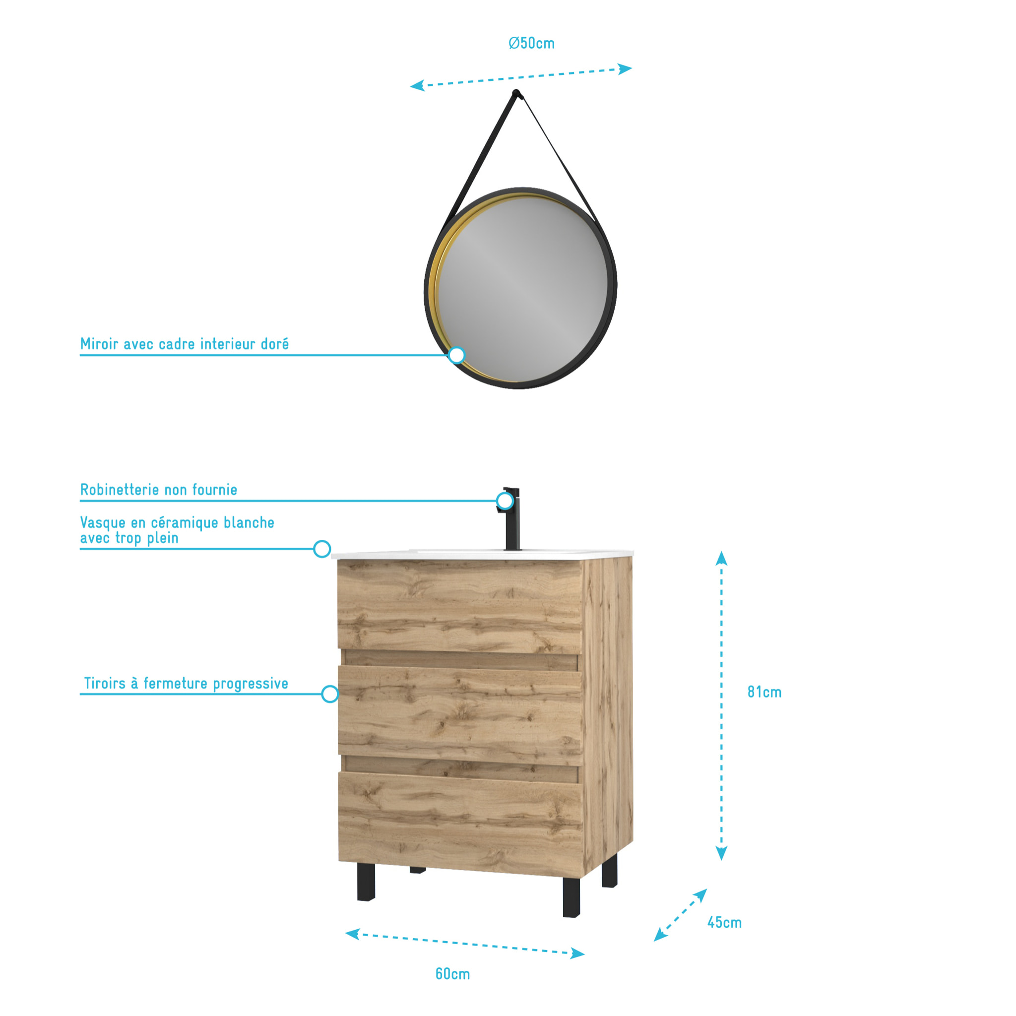 Pack Meuble SDB 60cm sur pieds 3 tiroirs Chene_Vasque blanche + Miroir Barber - TIMBER 60
