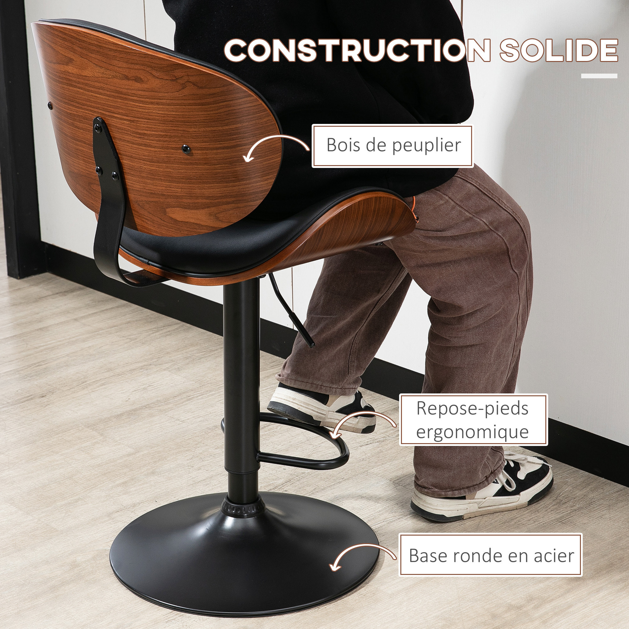 Lot de 2 tabourets de bar – Réglables et pivotants – Dossier et repose-pieds