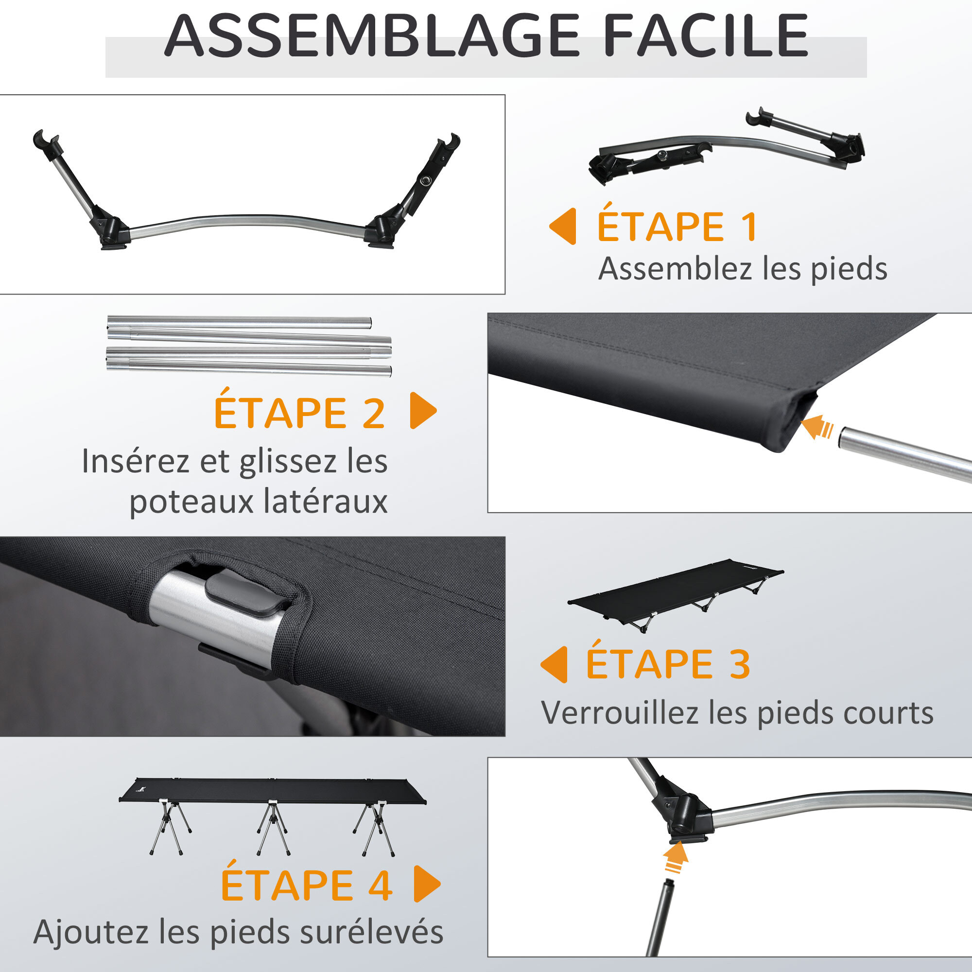 Lit de camp lit d'appoint pliable dim. 190L x 65l cm hauteur réglable 2 niveaux H38/18 cm sac de transport inclus alu. Oxford noir