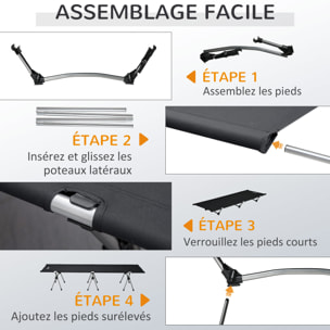 Lit de camp lit d'appoint pliable dim. 190L x 65l cm hauteur réglable 2 niveaux H38/18 cm sac de transport inclus alu. Oxford noir