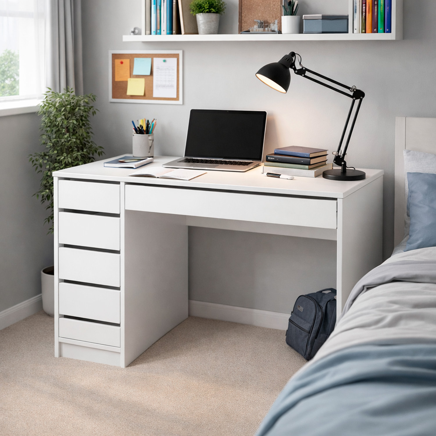 Scrivania Multifunzione Con 5 Cassetti Tavolo Trucco E Ufficio Moderna E Spaziosa Ideale Per Studio Camera E Home Office 143 x 120 x 55 cm Bianco