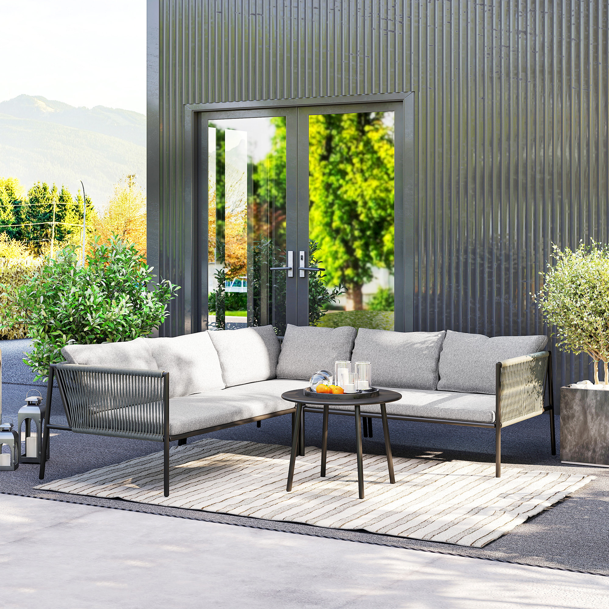 Salon de jardin d'angle 5 places en résine tressée avec table basse et coussins gris