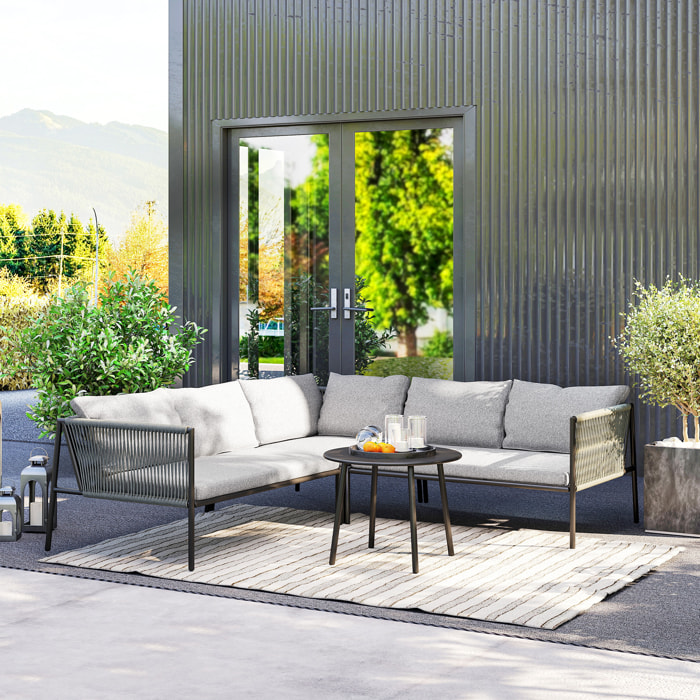 Salon de jardin d'angle 5 places en résine tressée avec table basse et coussins gris