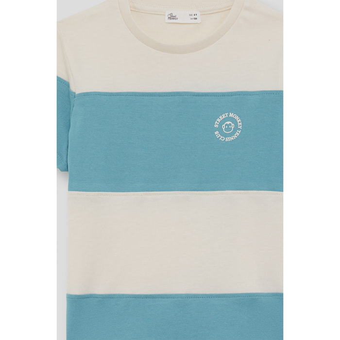 Camiseta de Manga Corta con Rayas Anchas en Bloques y Logo Bordado Estilo Casual | Color: Turquesa | Street Monkey