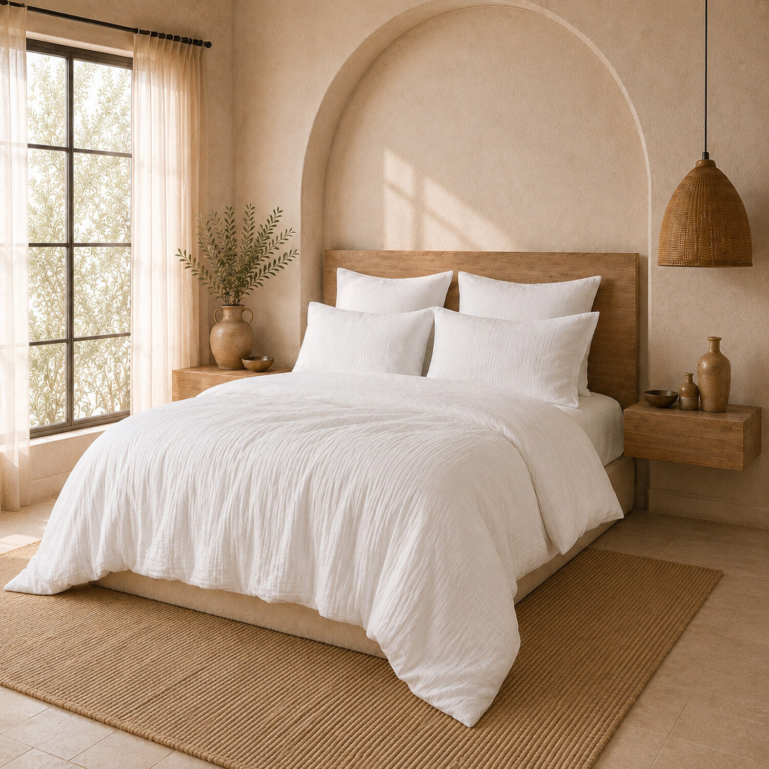 Parure housse de couette unie 100% gaze de coton - ava - blanc pur