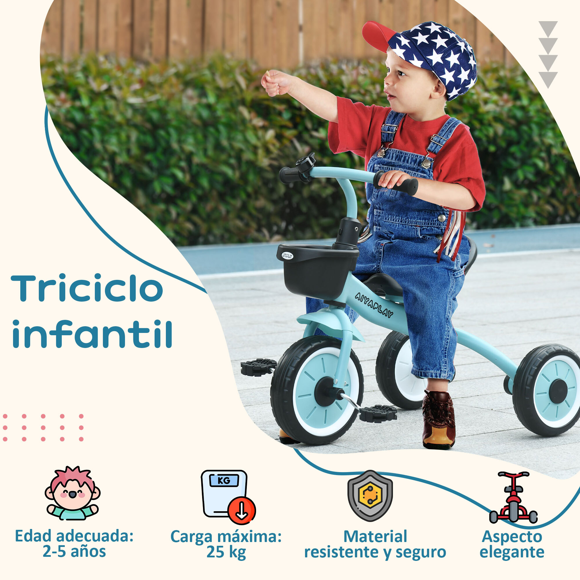 Triciclo para Niños de 2 a 5 Años Bicicleta Infantil con Asiento Ajustable Cesta Timbre Pedales y 3 Ruedas Carga 25 kg 70,5x50x58 cm Azul