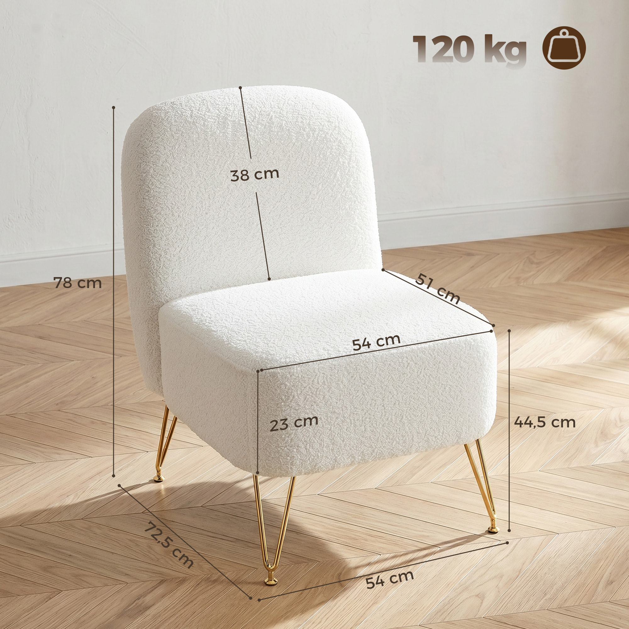 Fauteuil lounge design bouclette piètement épingle acier doré