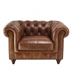 GASTON - Fauteuil marron CHESTERFIELD capitonné vintage 1 place cuir pieds bois