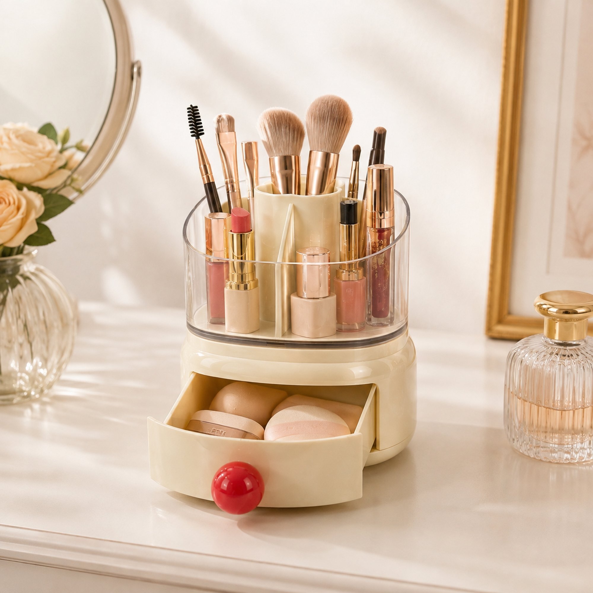Organizador de maquillaje color crema con cúpula y cajón