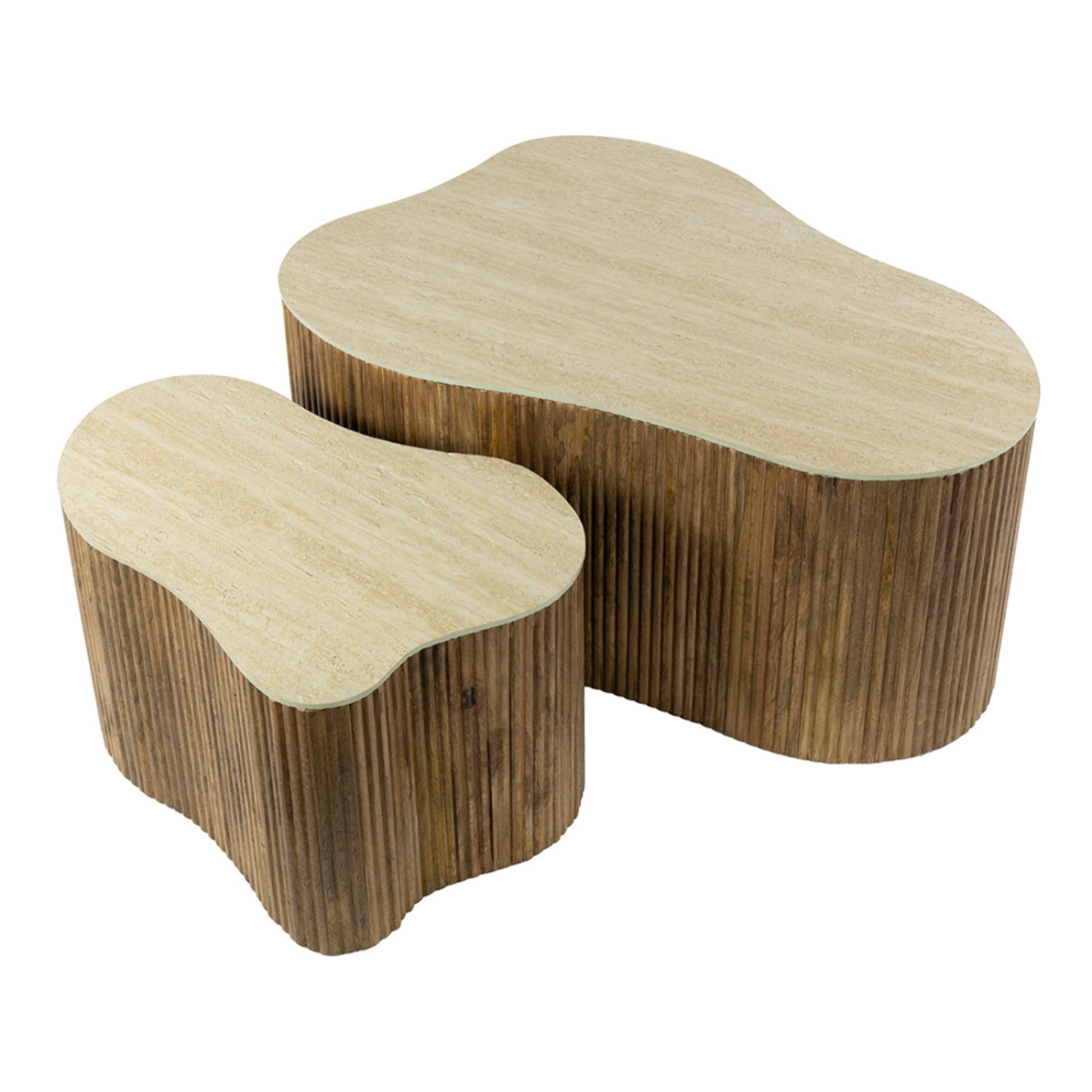 Jade - lot de 2 tables basses gigognes effet travertin - pieds en bois massif de manguier - 90 et 61 cm - Bois / Beige