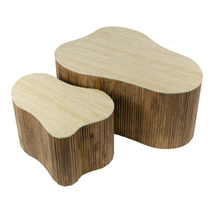 Jade - lot de 2 tables basses gigognes effet travertin - pieds en bois massif de manguier - 90 et 61 cm - Bois / Beige