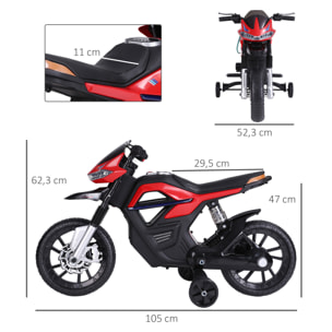 Moto électrique pour enfants 25 W 6 V 3 Km/h effets lumineux et sonores roulettes amovibles rouge