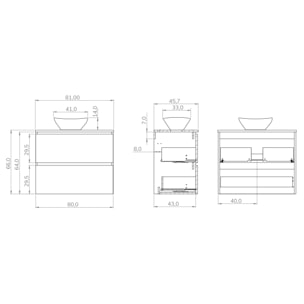 Conjunto de Baño Kaji | Mueble de Baño Suspendido | 80 cm Teka| Dos Cajones | Lavabo Redondo sobre Encimera | No incluye Espejo | Alday